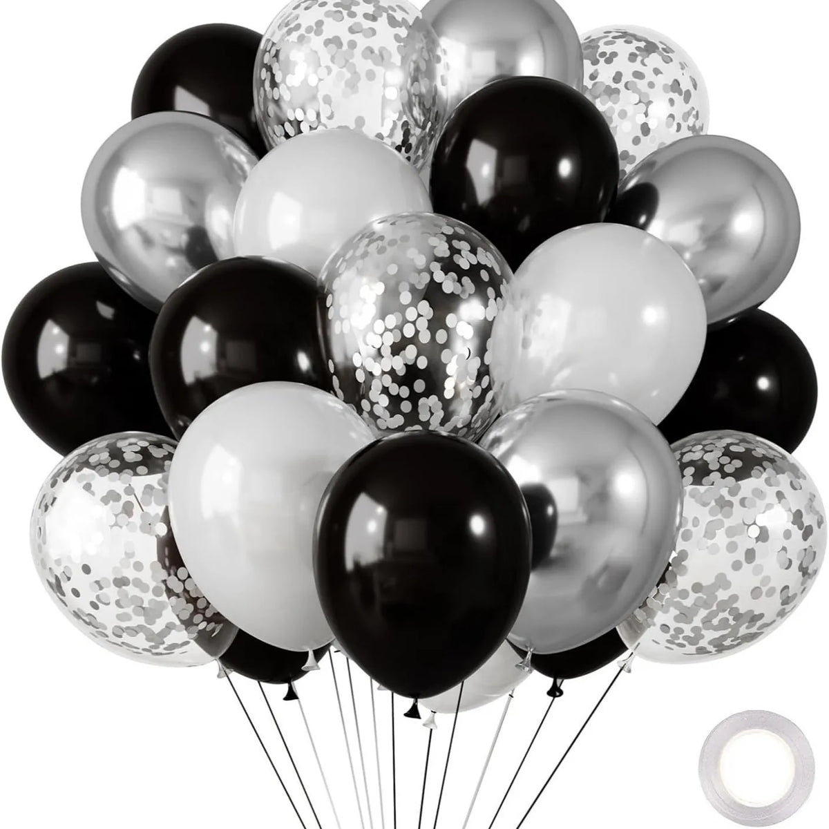 A bunch of chrome latex balloons in black, white, and silver shades tied together.