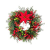 Artificial pine and eucalyptus wreath decorated with red berries and a large red flower