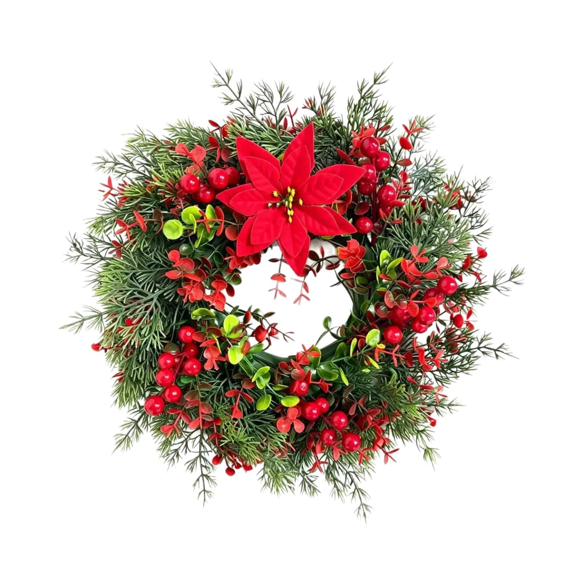 Artificial pine and eucalyptus wreath decorated with red berries and a large red flower