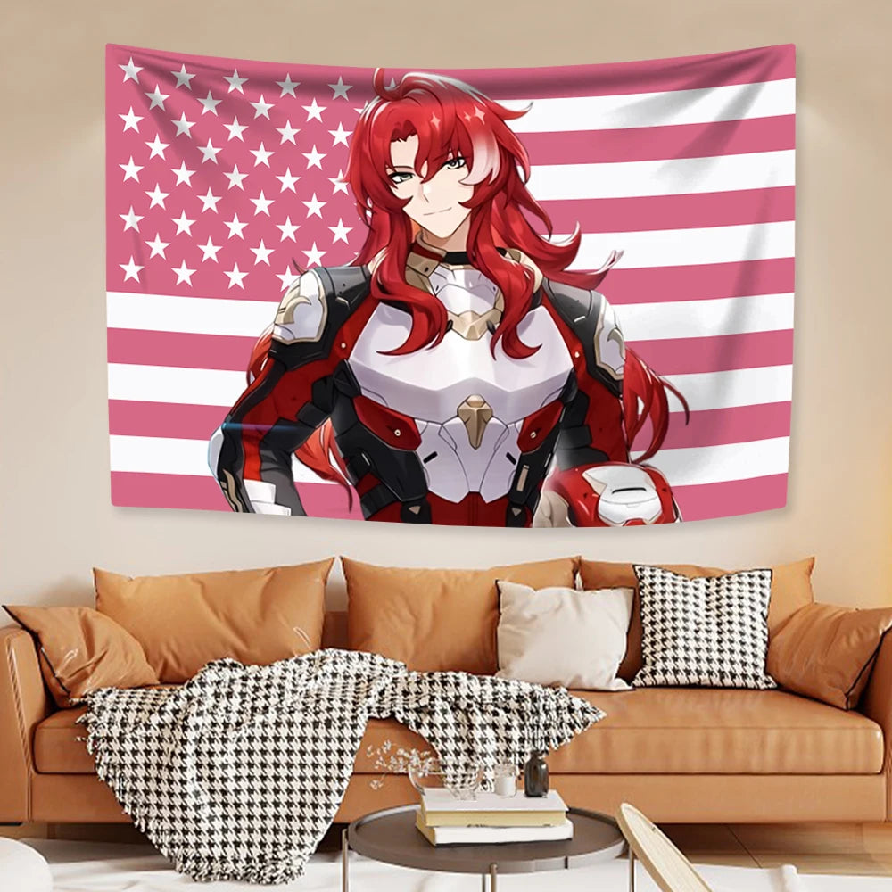 A decorative tapestry wall hanging featuring an anime-style character with red hair and a patriotic American flag design.