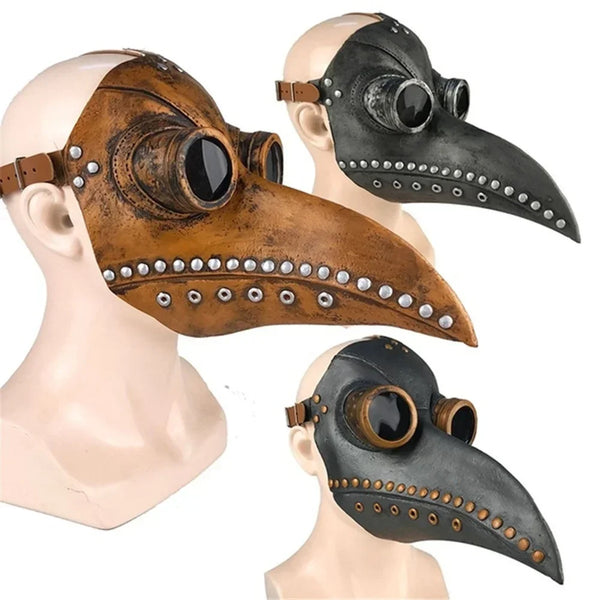 A pair of dark gray and brown plague doctor bird masks displayed on a mannequin head.