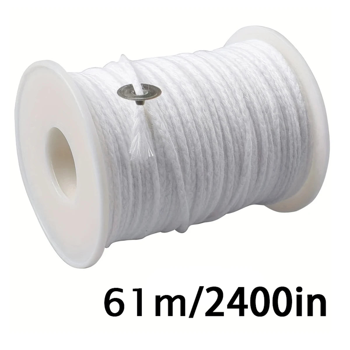 A spool of white cotton candle wicks, measuring 61 meters or 2400 inches long.
