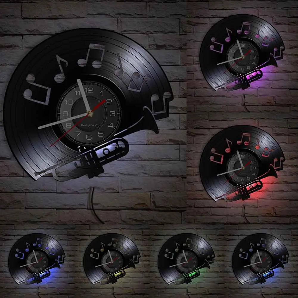 A set of vintage vinyl record wall clocks with silent quartz movement displayed against a brick background.