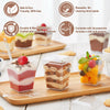 A set of 50 clear plastic dessert cups with lids and spoons displayed on a wooden board.