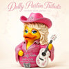 A pink and yellow collectible figurine of a duck wearing a cowboy hat, honoring Dolly Parton.