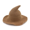 A beige vintage knit witch hat with a pointed crown shown against a white background.