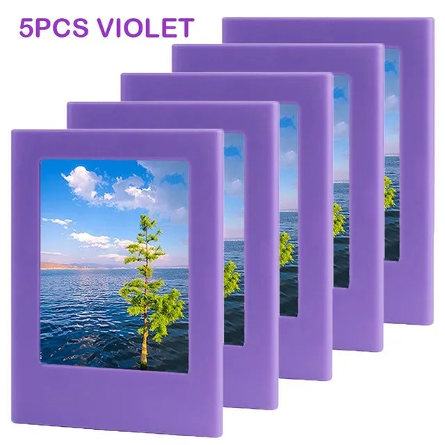 Five violet magnetic photo frames displaying scenic landscapes and nature shots.