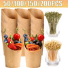 A set of 50 to 200 disposable kraft paper serving cups and bamboo toothpicks are displayed.