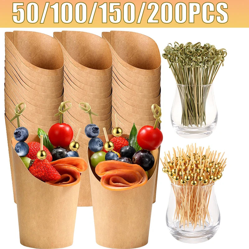 A set of 50 to 200 disposable kraft paper serving cups and bamboo toothpicks are displayed.