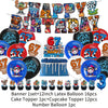 A banner featuring numbers 6 and 7 and various letters decorating a birthday party setup.