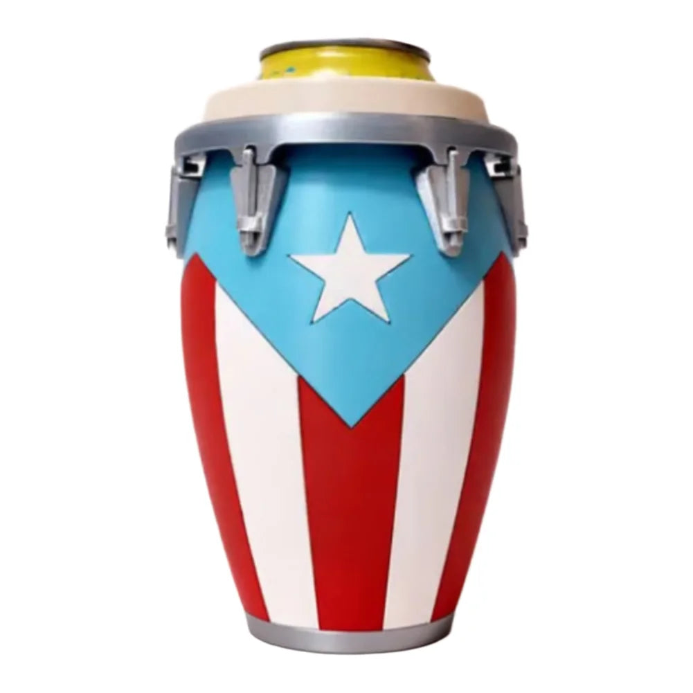 A drum-style can holder with a silver top and a patriotic red, white, and blue design.