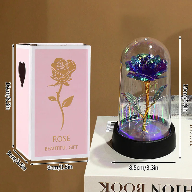 A pink box containing an eternal rose in a glass dome, displayed next to the product.