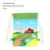 A green drawstring bag featuring a pastoral landscape with a red barn, green fields, and various farm animals.