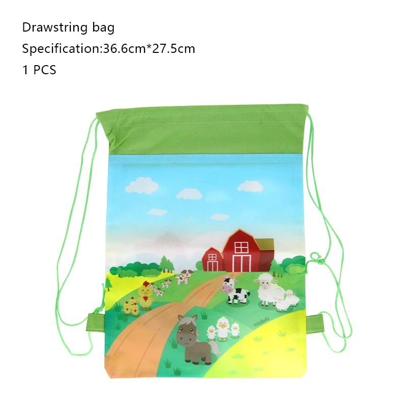 A green drawstring bag featuring a pastoral landscape with a red barn, green fields, and various farm animals.
