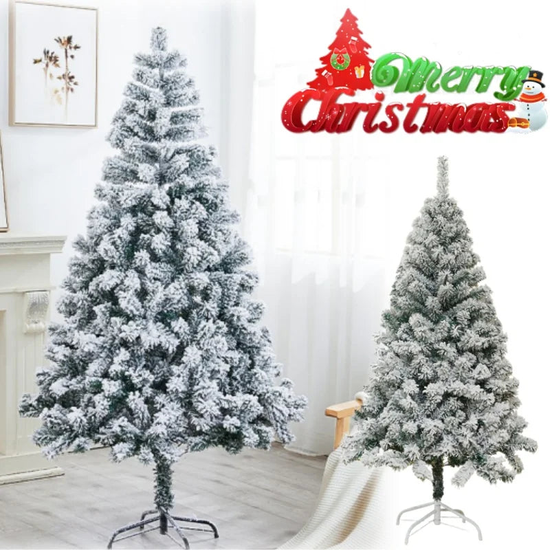 Flocked artificial Christmas tree covered in snow with realistic branches