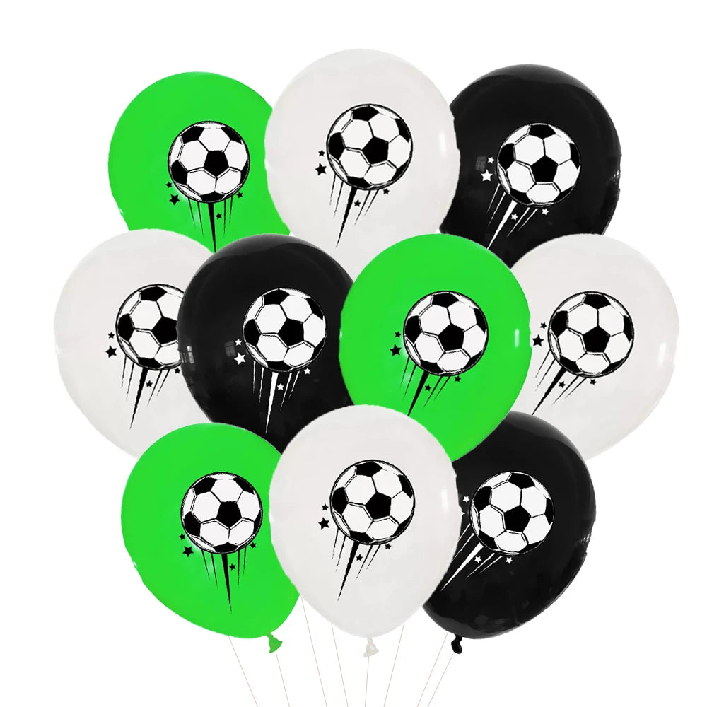 A set of nine latex balloons in black and lime green with soccer ball designs.