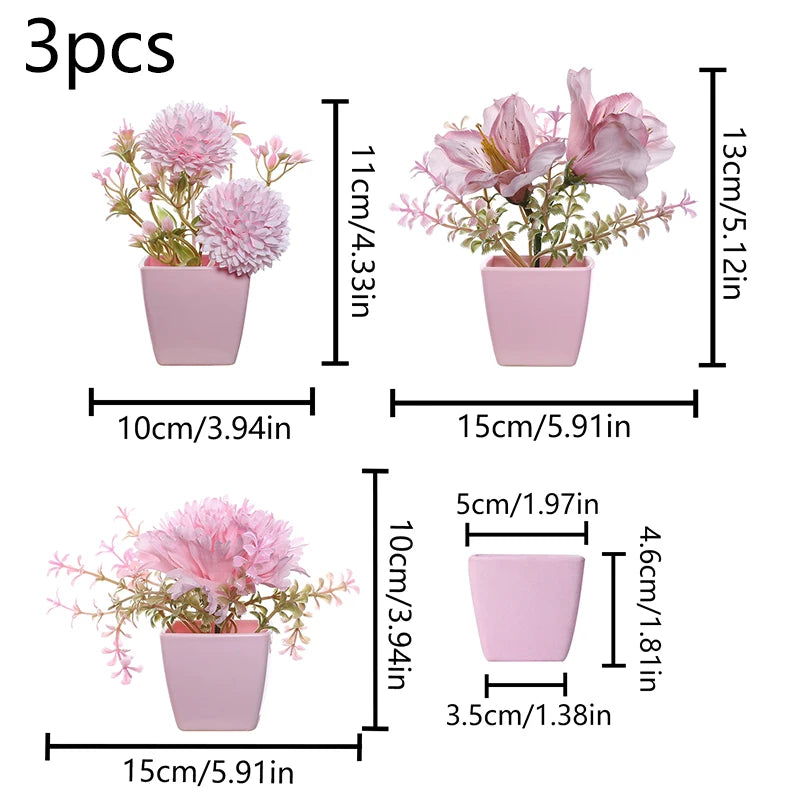 Three pink faux flowers in small pots displayed side by side showing various sizes.