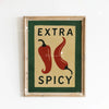 A framed canvas art print featuring the text EXTRA SPICY in a vintage style with red pepper illustrations on a dark green bac