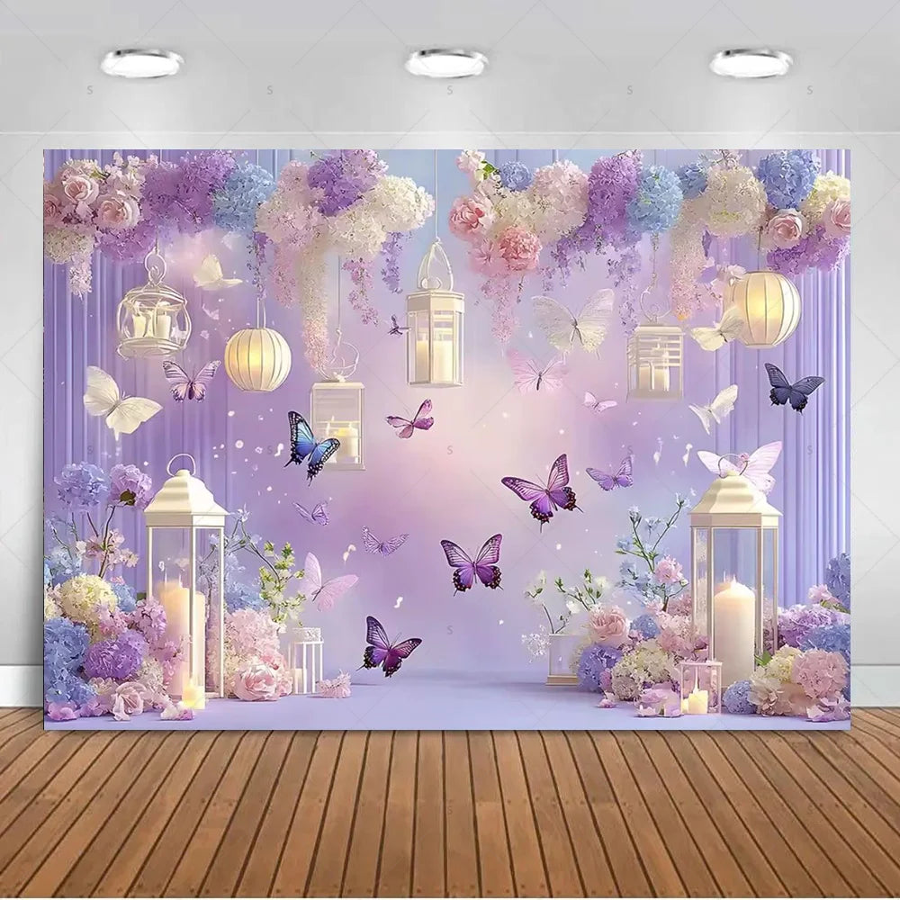 A dreamy purple butterfly photo backdrop featuring hanging lanterns and floral elements for events.