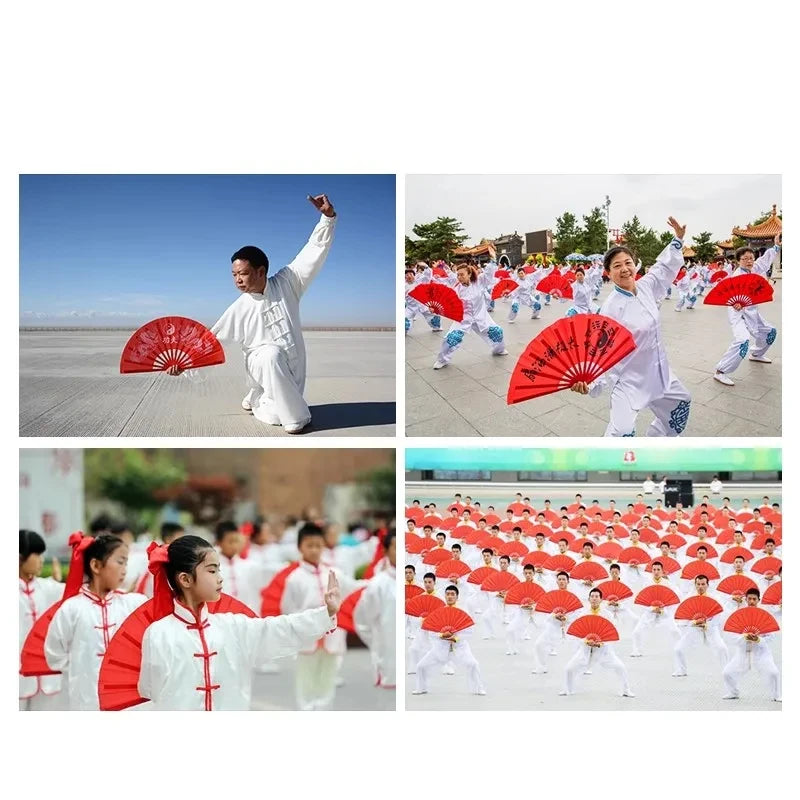 A man in a white martial arts uniform holds a red folding fan against a clear sky.