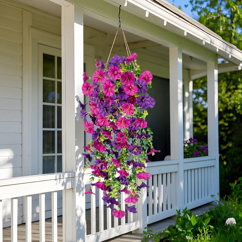Purple and magenta artificial morning glory flowers hanging in a white porch window