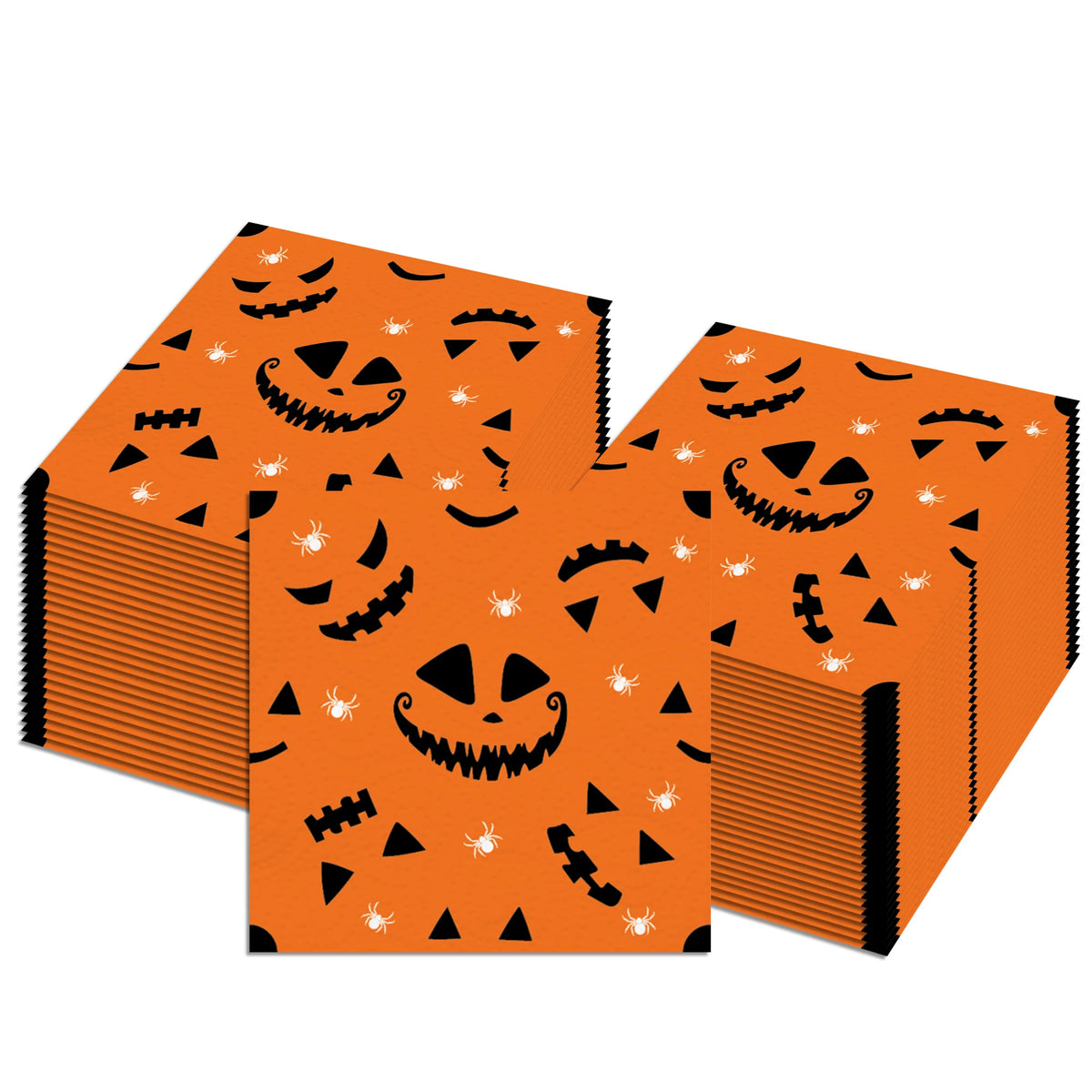 Orange paper napkins featuring a pattern of carved jack-o'-lanterns and spiders.