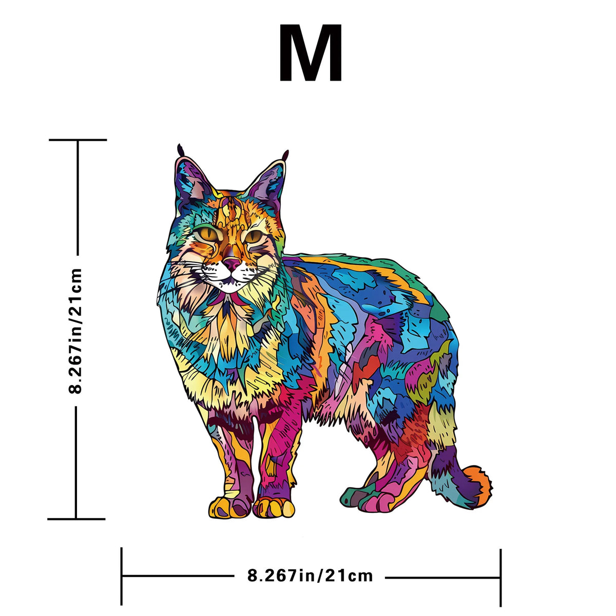 A colorful cat-shaped wooden jigsaw puzzle featuring an irregular design for relaxation and decor.