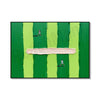 Abstract canvas art featuring vertical green and lime yellow stripes with small figures playing golf.