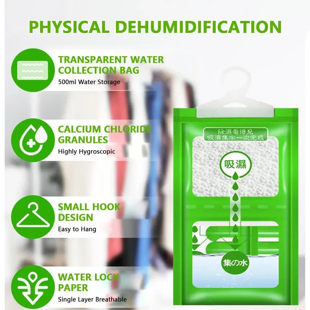 Green hanging bags for dehumidification containing calcium chloride granules and water lock paper