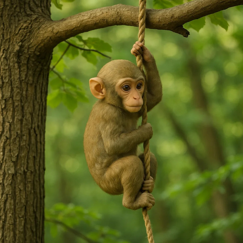 A small monkey clinging to a vine on a tree branch in a lush green forest setting.