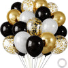 A bunch of chrome latex balloons in gold, black, and white are shown against a white background.