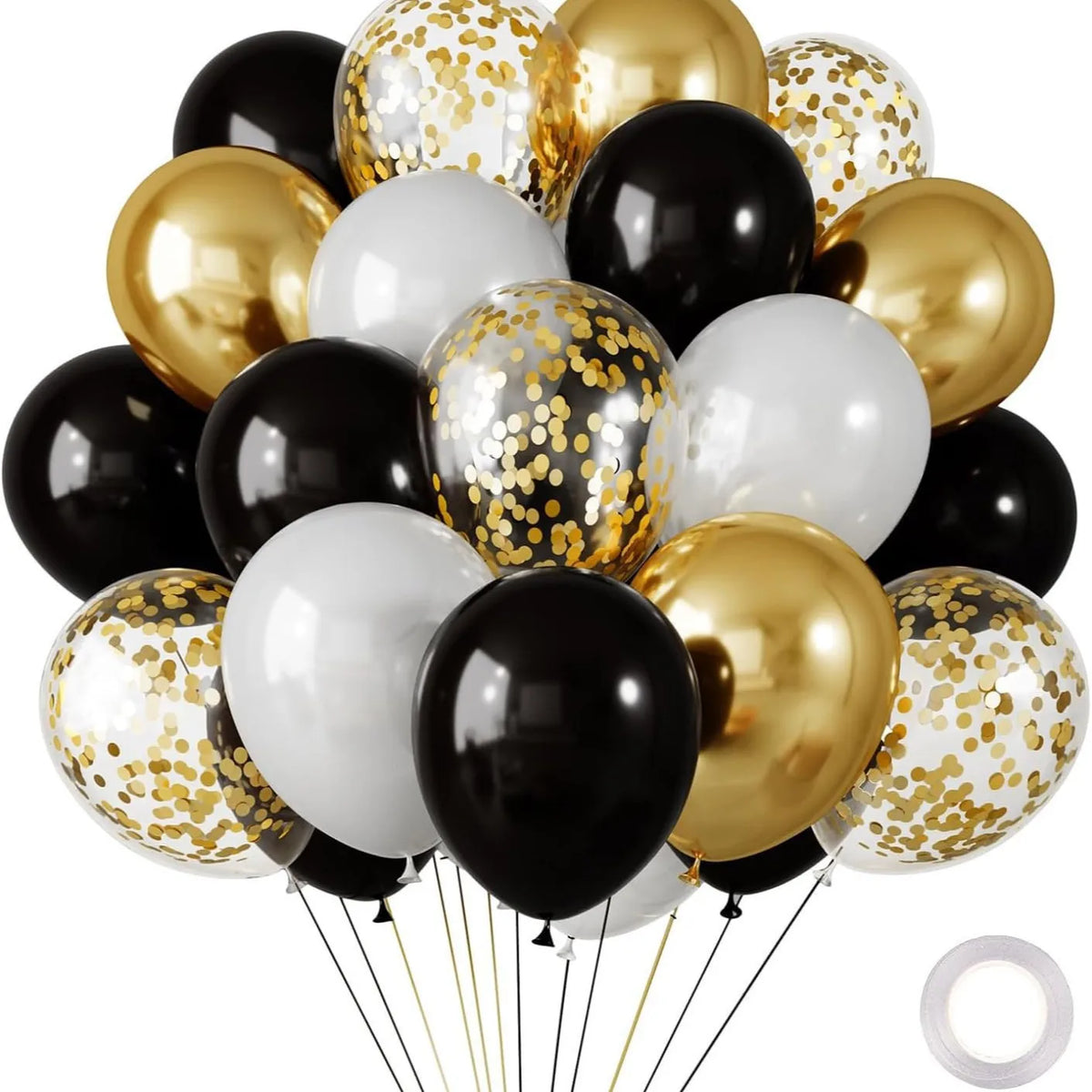 A bunch of chrome latex balloons in gold, black, and white are shown against a white background.