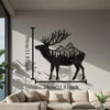 A black metal deer head wall sculpture silhouette against a white wall with a shadow cast by a window.