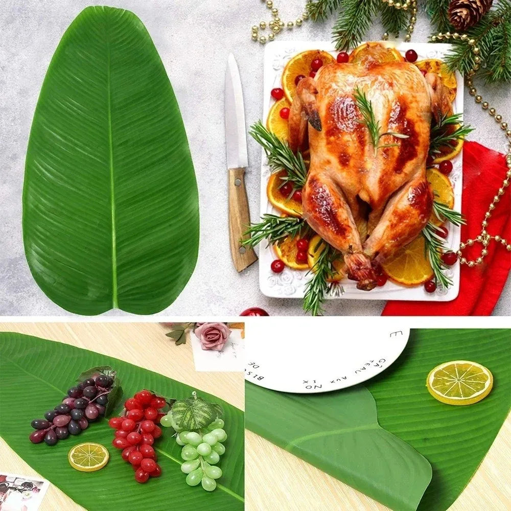A set of five tropical banana leaf coasters used as heat-resistant, waterproof table protectors.