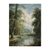 A landscape painting depicting a river, trees, and a distant stone structure under a cloudy sky.