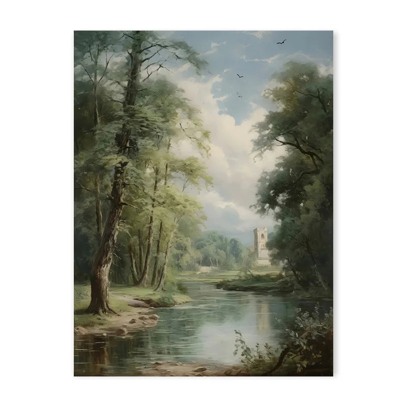 A landscape painting depicting a river, trees, and a distant stone structure under a cloudy sky.