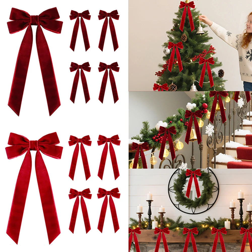 Red velvet Christmas bows for tree, wreath, and garland decorations shown in various styles