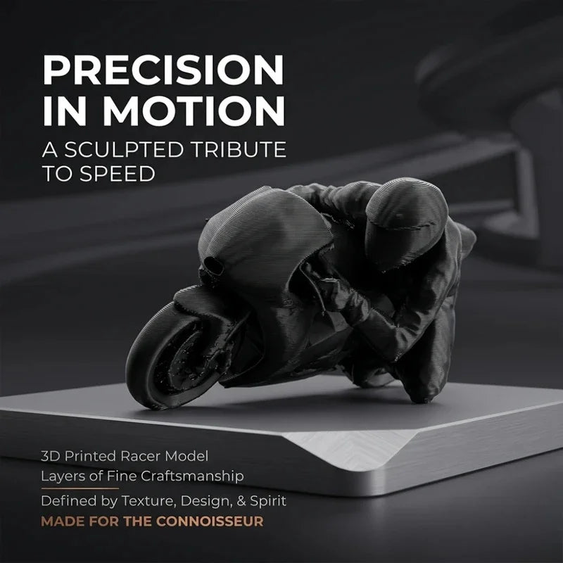 A dark, sculpted figurine of a racing motorcycle rider made from 3D printed material.