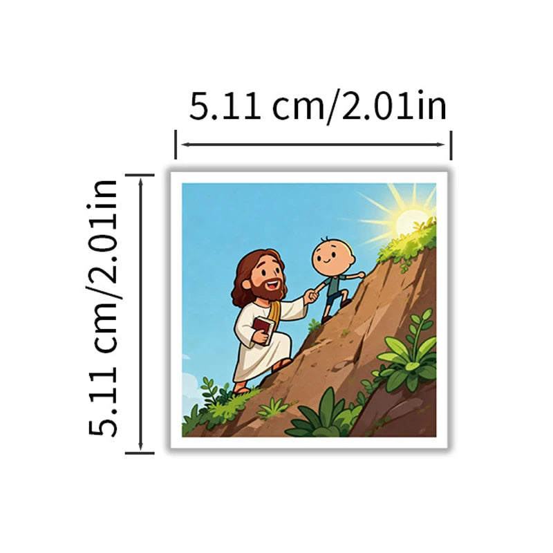 A sticker pack featuring an illustration of Jesus climbing a hillside under a bright sun.
