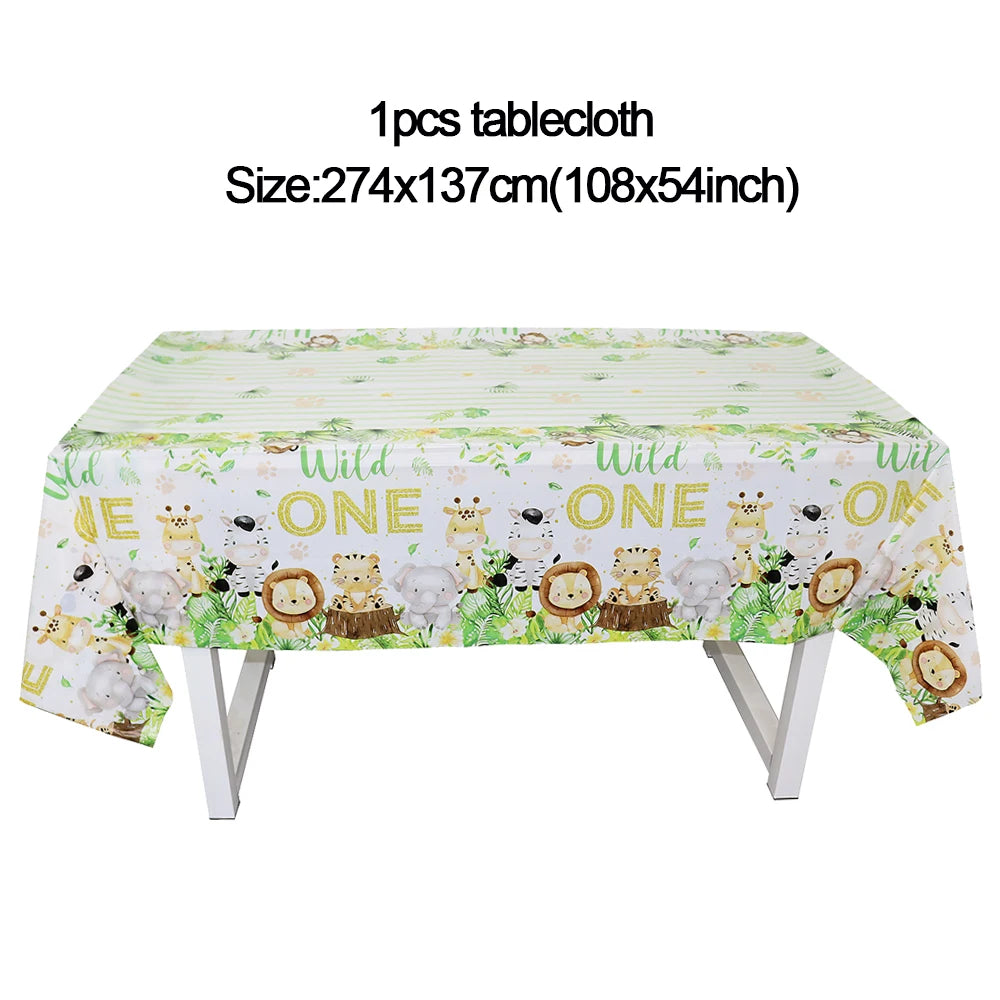 A rectangular tablecloth featuring a wild animal pattern with cute jungle animals like lions and bears.
