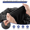 A hand is shown handling a black stretch fitted spandex table cover, emphasizing its comfort and ease of care.