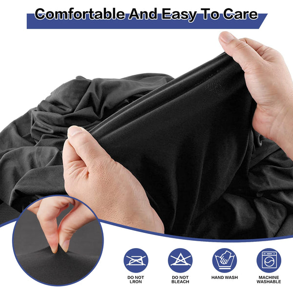 A hand is shown handling a black stretch fitted spandex table cover, emphasizing its comfort and ease of care.