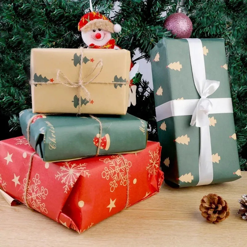 A stack of wrapped gifts in green and red festive Christmas wrapping paper with a Santa decoration.