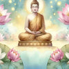 A painting of a seated Buddha with a glowing halo, surrounded by pink lotus flowers and soft light.