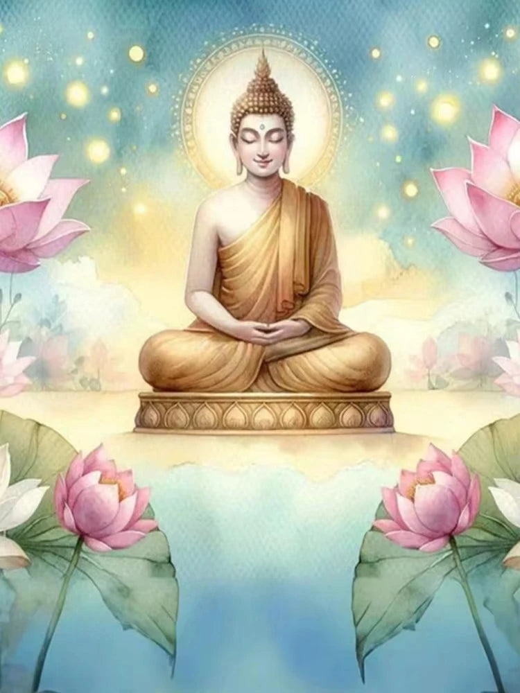 A painting of a seated Buddha with a glowing halo, surrounded by pink lotus flowers and soft light.