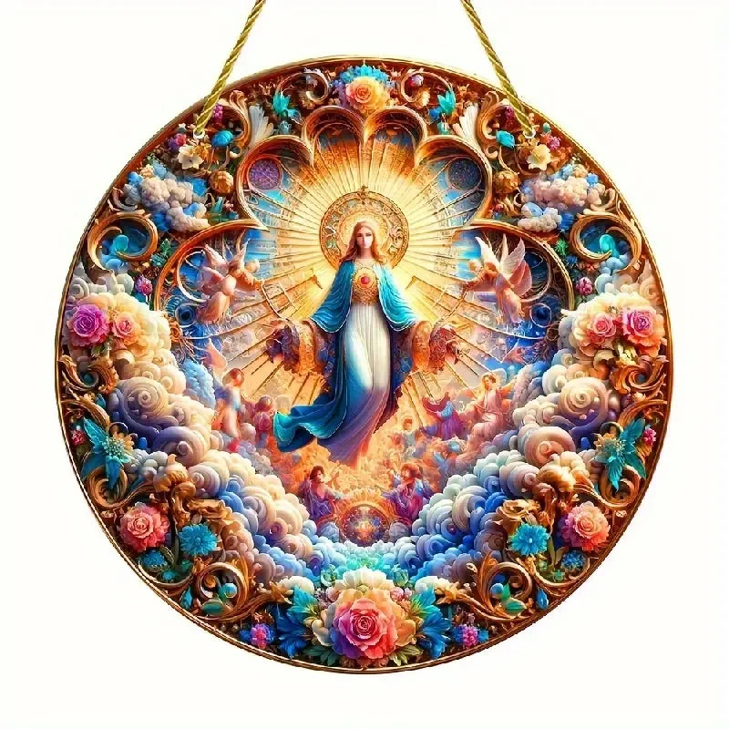 A circular acrylic suncatcher featuring a golden halo and a central figure of Mary surrounded by floral and celestial element