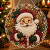 A round acrylic craft featuring a Santa face made of white pearls and red accents, set against a sparkling background.