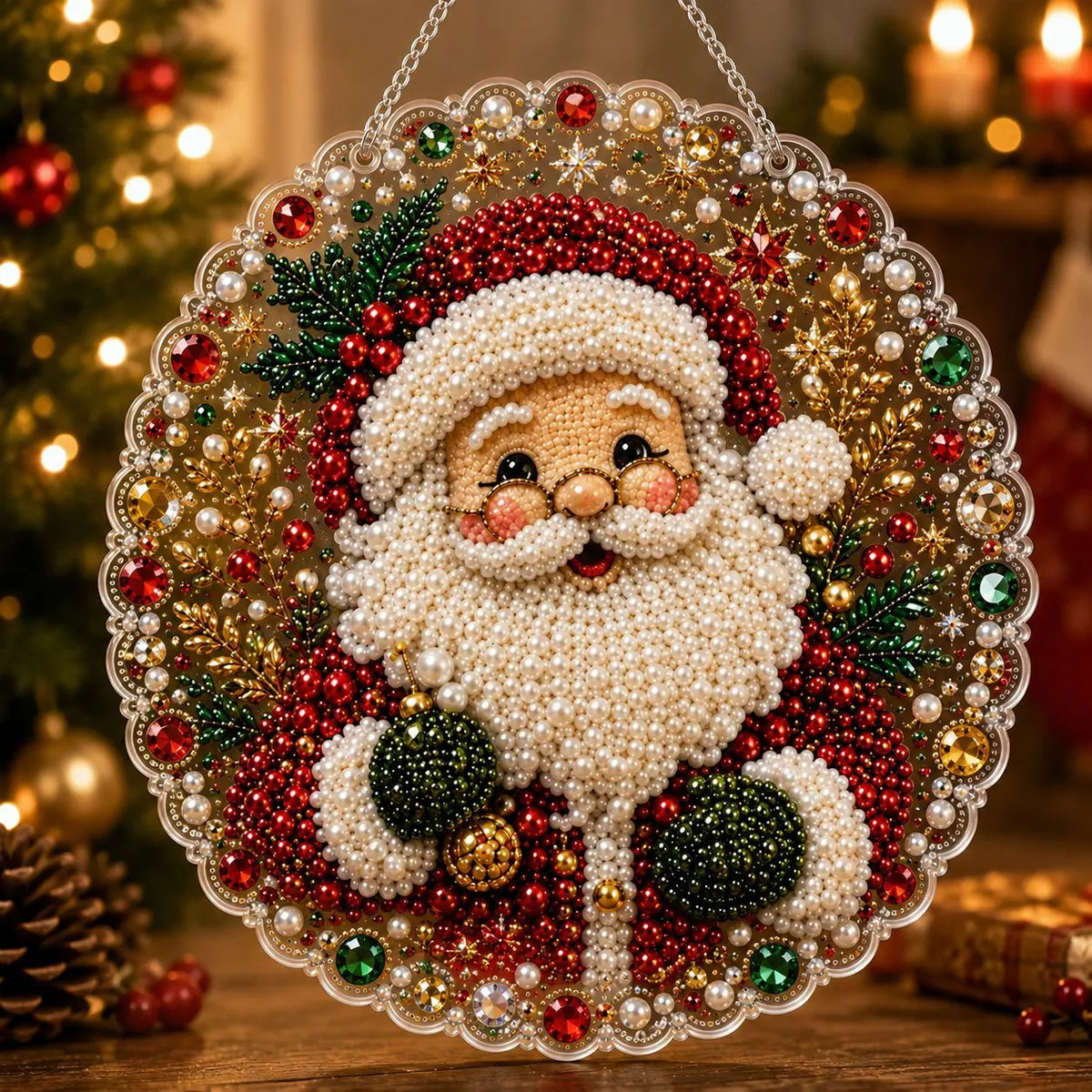 A round acrylic craft featuring a Santa face made of white pearls and red accents, set against a sparkling background.