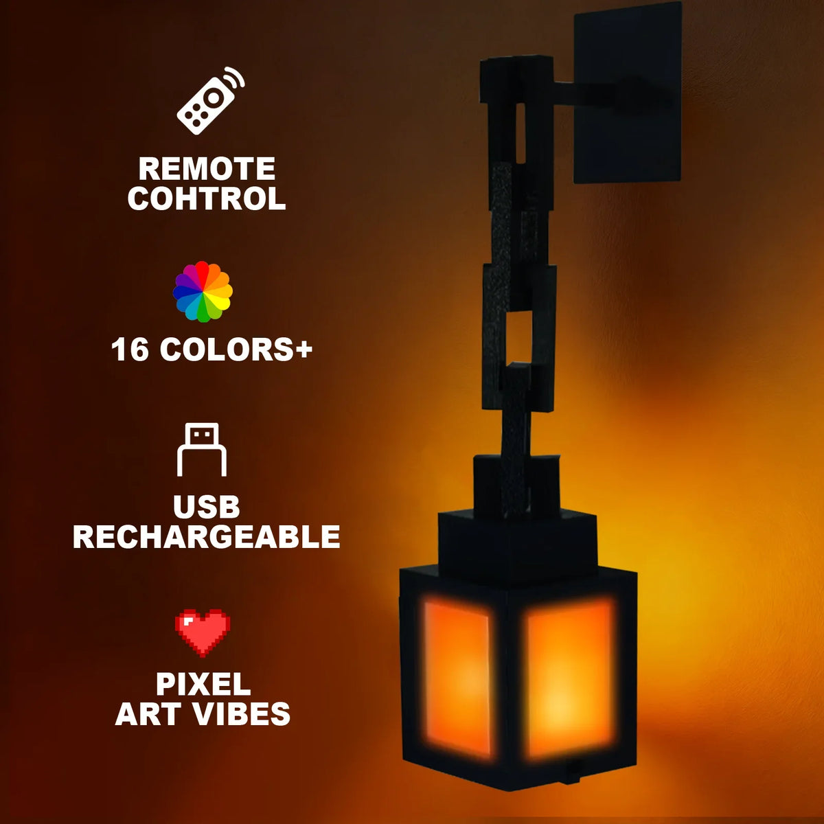 A black pixel art style RGB night light lantern with a remote control and USB rechargeable features.