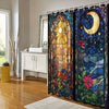 A shower curtain featuring a detailed night sky and moon design with colorful floral elements.
